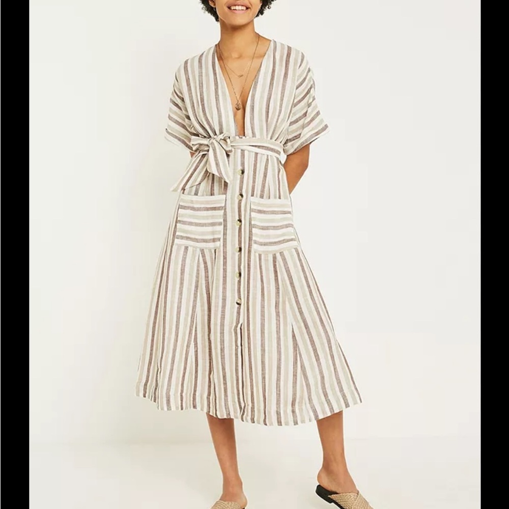 Free People Gray and Brown Pleated Tie Front Sundress